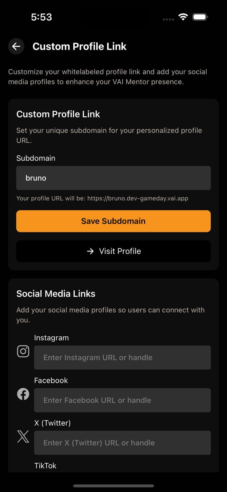 Share your custom profile link in VAI