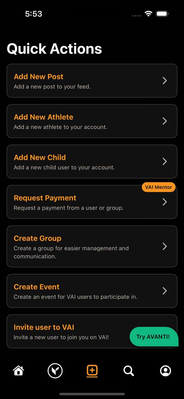 VAI quick actions screen