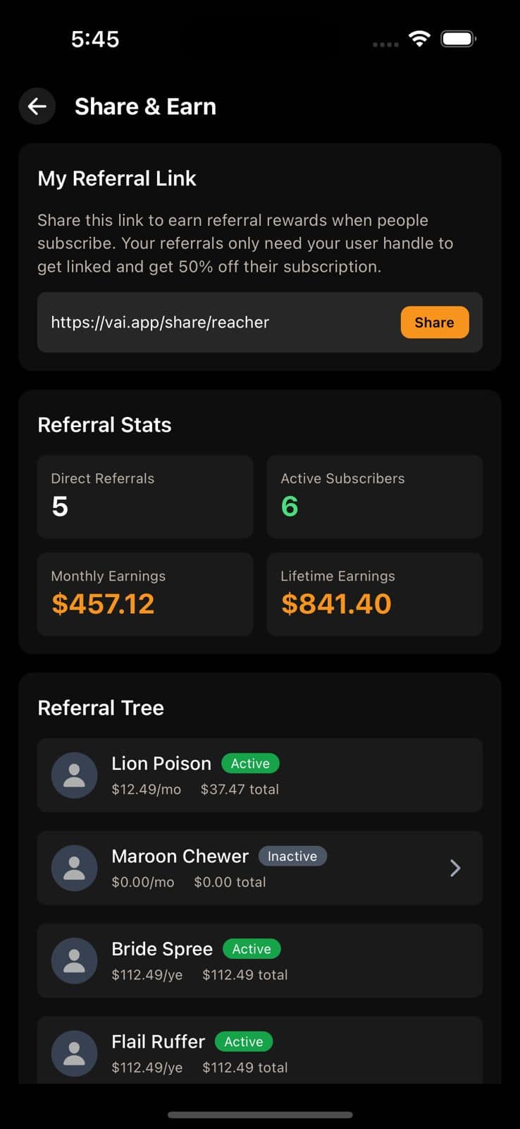 Share and Earn referral screen in VAI