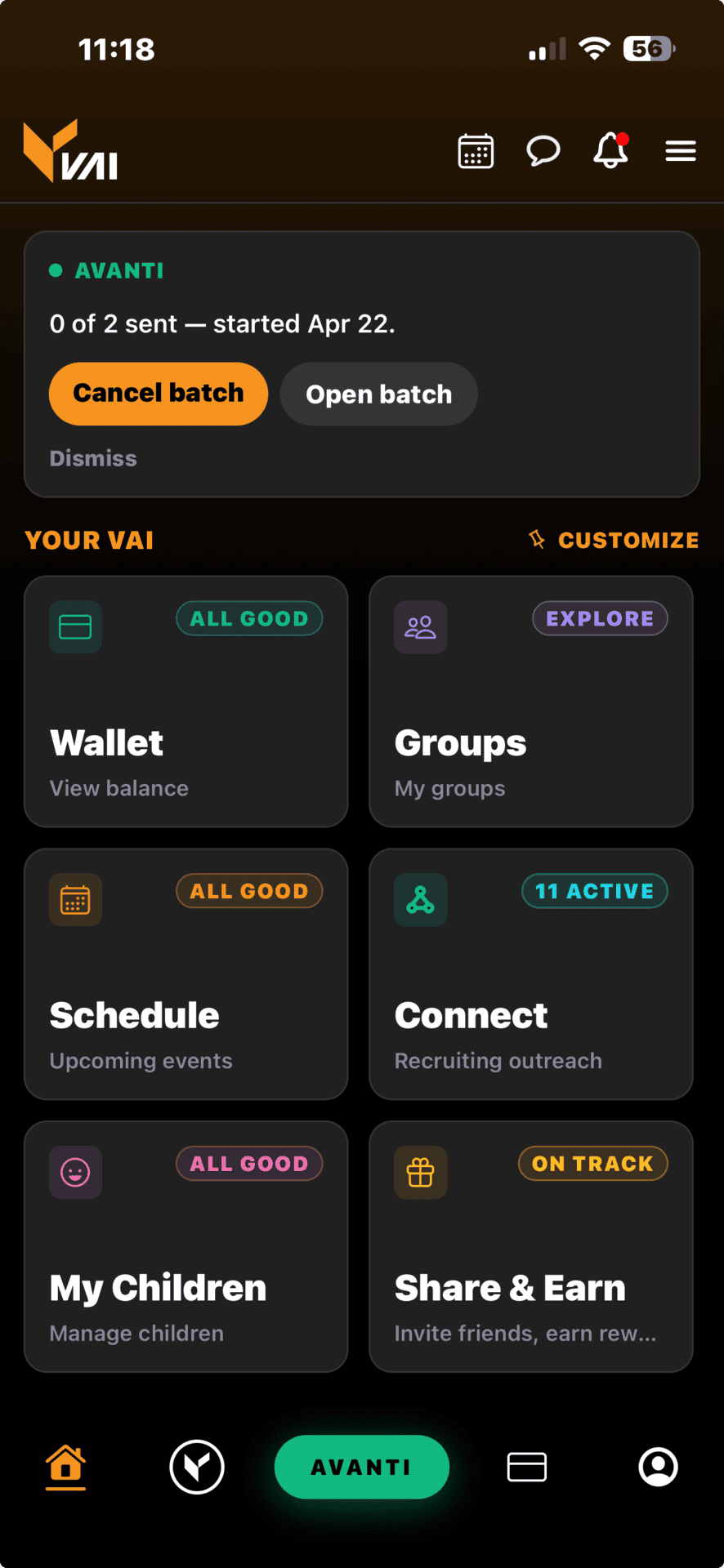 The real new VAI Home dashboard screen