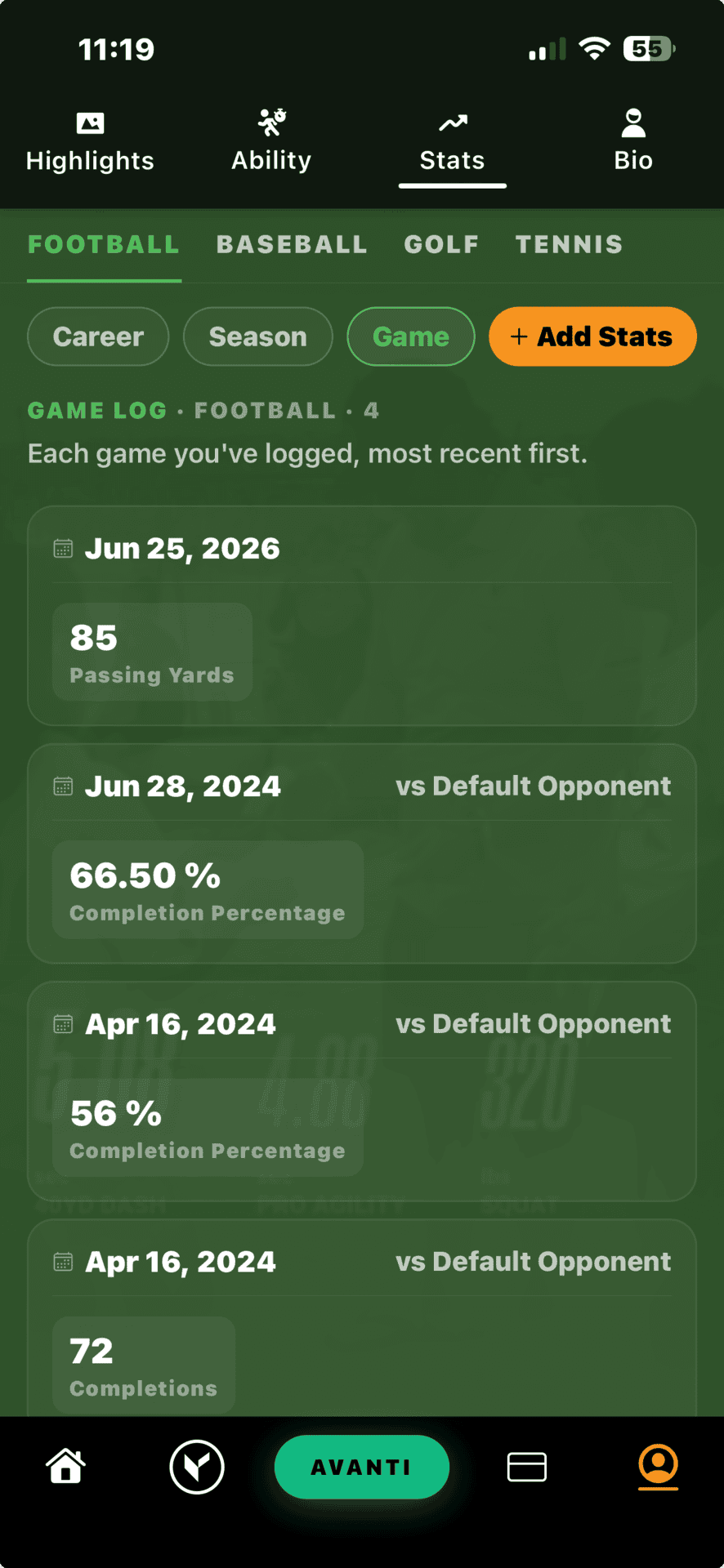 VAI Stats screen: football game log